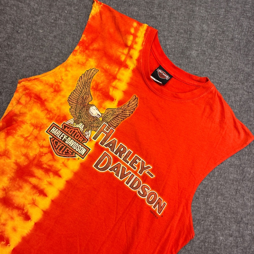 2013 Harley-Davidson Sleeveless T-Shirt Mens Medium Orange Tie Dye Graphic Eagle